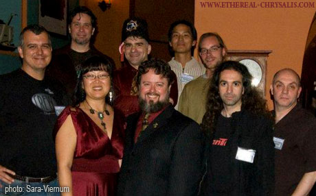 Left to right : Sean Branney director of the feature film Lovecraft adaptation The Whisperer In Darkness, Dave Snyder (special effects artist for Whisperer In Darkness), Gwen Callahan, Andrew Migliore, Brian Callahan, Huan Vu director of Die Fabre , Jan Roth (editor Die Fabre), Syl Disjonk director of Ethereal Chrysalis and Rick Tillman director of the The Call of Nature animated short film.